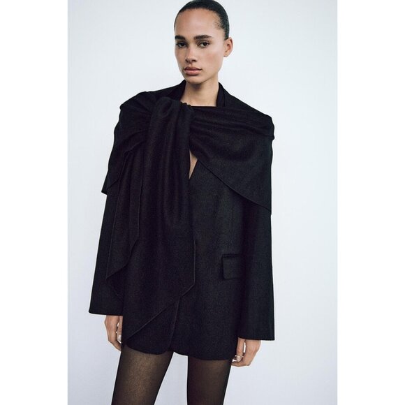NWT Zara black oversized wool blend scarf accent blazer jacket, XS-S - Picture 2 of 16
